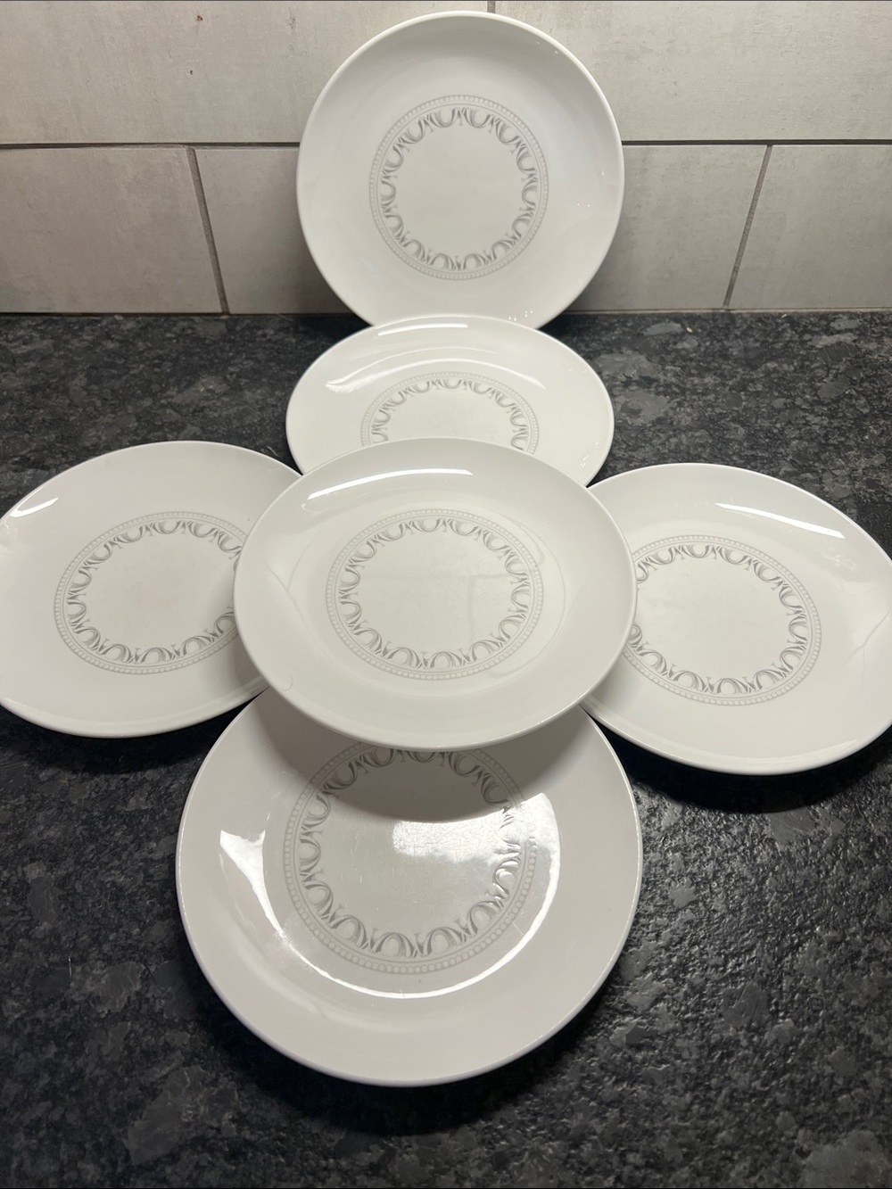 RARE FIND Centura by Corning small dessert or salad plates 6 3/4” gray and white